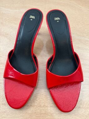 Zara Red Patent Slide Mules with Black Insole